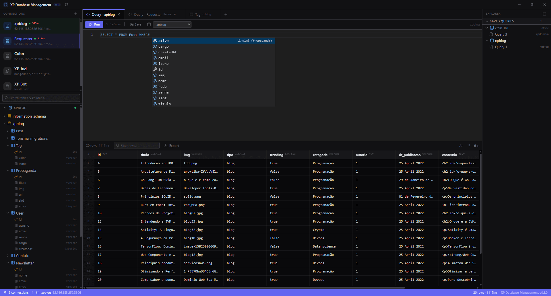 Screenshot of the XPDB editor running a SELECT query with results displayed in a table